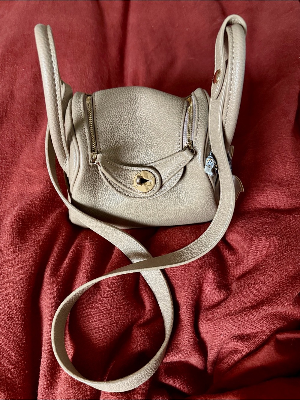 Structured Taupe Satchel with Gold Turnlock - Picture 2 of 4